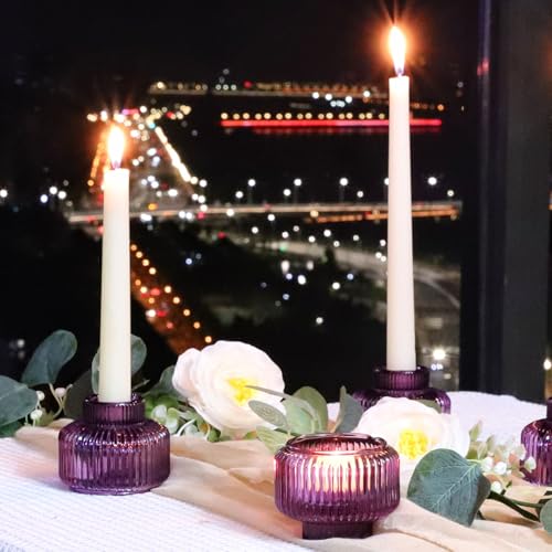 Purple Candlestick Holders Set of 4 - Vintage Glass Taper Candle Holders for Halloween Thanksgiving Christmas Fall Weddings