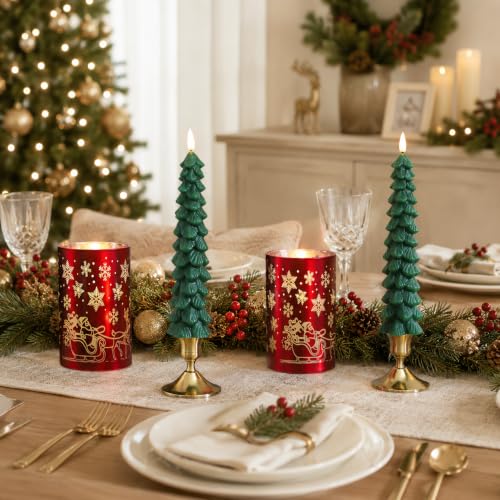 Flameless Christmas Candles Set with Remote - Red & Green LED Tree & Glass Decor