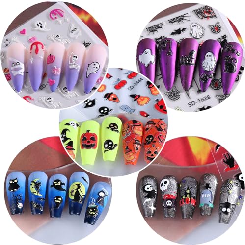 Halloween Nail Stickers - 5D Embossed Owl Witch Ghost Skull Spider Web Design - Style2 - 6 Sheets