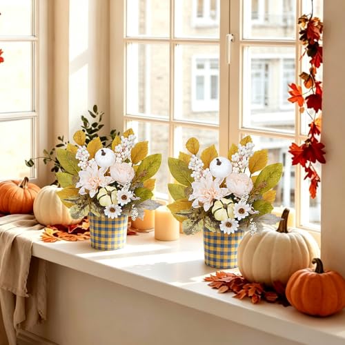 White Fall Centerpieces for Tables - 2PCS Artificial Autumn Decor 11.4in