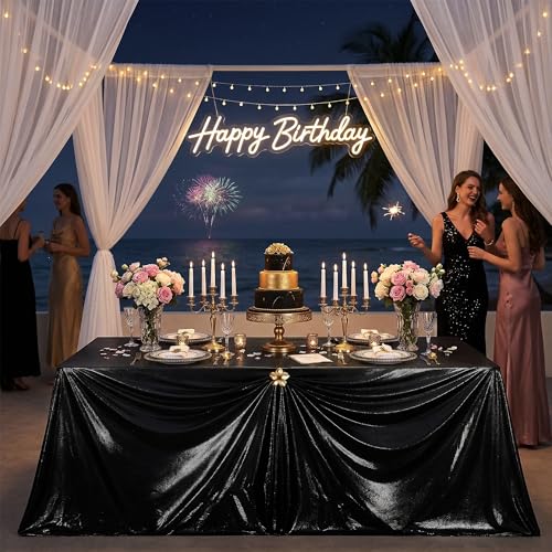 Black Sequin Tablecloth 90x132 Inch Rectangular Sparkly Fabric for Weddings & Events - Black