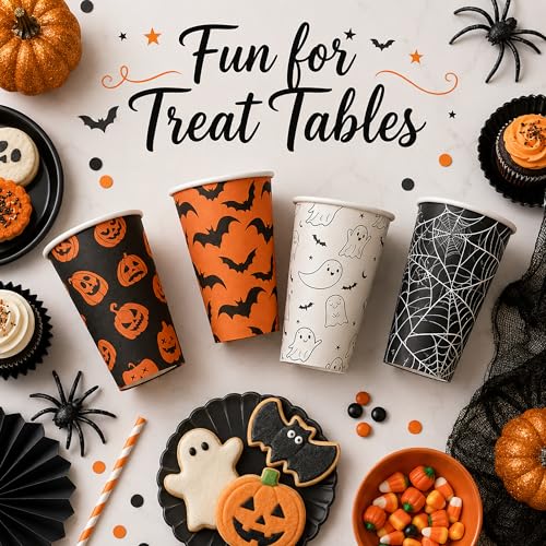 Halloween Paper Cups with Lids 80 Pack 12 oz Coffee Cups - Black Lids & 4 Designs