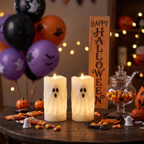 Ghost Flameless Candles with Remote Timer - 2PCS Halloween Decor