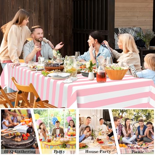 Pink and White Striped Tablecloth 54 x 108 Inch - 2 Pack, Rectangular Disposable Table Cover for Parties