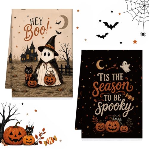 Halloween Kitchen Towels Set with Ghost Design - Boo Ghost Variation A, 2 Pcs, 16x24in