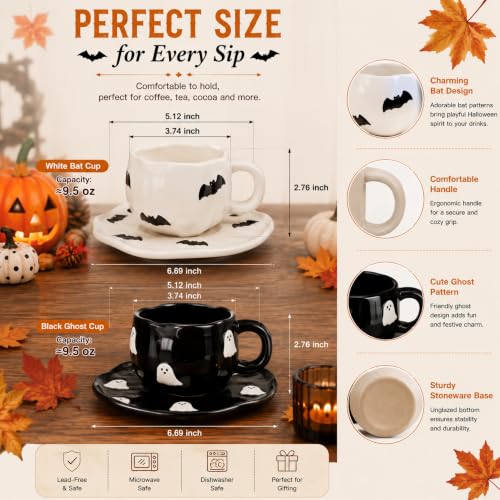 Halloween Ceramic Mug Set with Saucer - Ghost & Bat Pattern, Black & White, 12oz - Variation of THIS listing