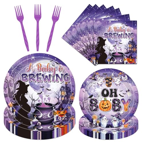 Halloween Baby Shower Decorations 96PCS Tableware Set - Black Pink Gender Reveal