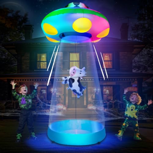 Tall Halloween Inflatable UFO Cow Abduction Decoration - 10 Ft with RGB Lights