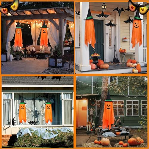 Halloween Hanging Pumpkin Witch Hat Decorations Set - Outdoor Reusable Fall Yard Ornaments
