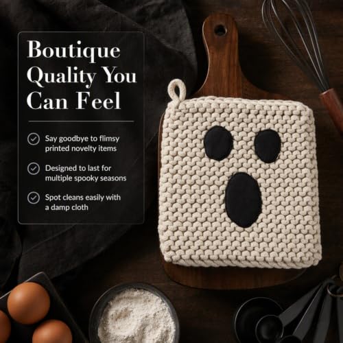 Halloween Ghost Pot Holder - Cotton Crochet Kitchen Hot Pad, 8 Inch