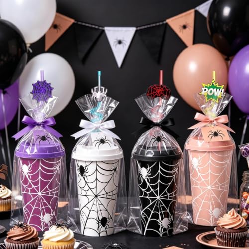 Spider Web Party Cups with Lids & Straws - 24 Pack for Halloween & Kids Birthday