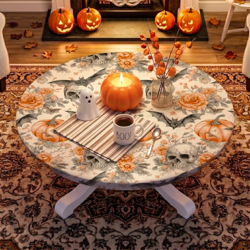 Halloween Fitted Round Tablecloth for 46-50 Inch Tables - Pumpkin Head Design, 52 Inch