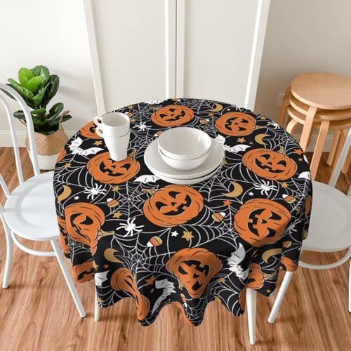 Halloween Tablecloth 60 Inch Round Black Pumpkins Web Design Stain-Resistant Polyester