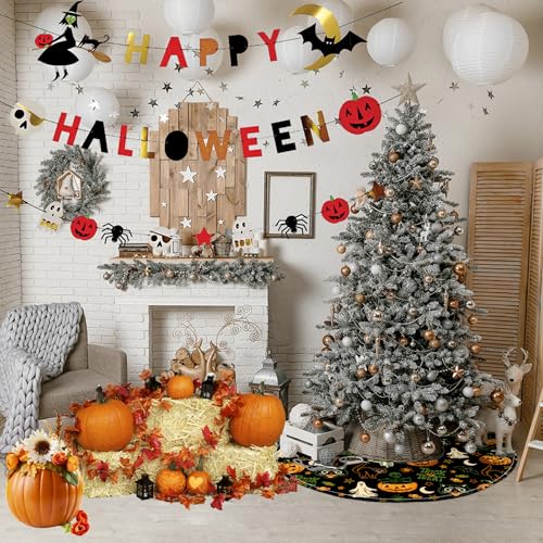 Halloween Tree Skirt 36 Inch Black Ghost Pumpkin Skull Cats Xmas Decor Festive Tree Mat