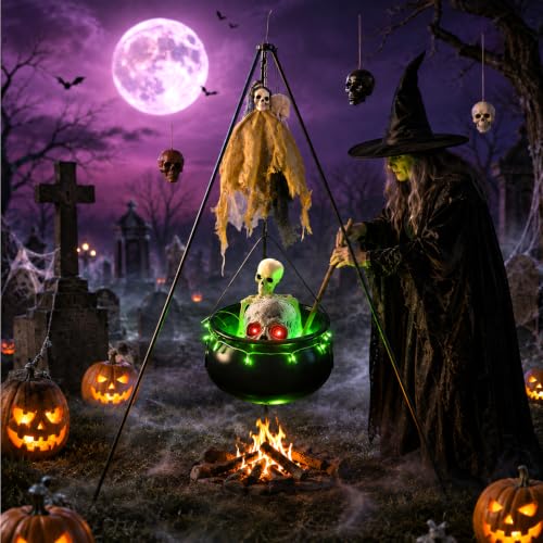 Outdoor Halloween Cauldron Decoration with Skeletons & Green Light - 53" Tripod Frame