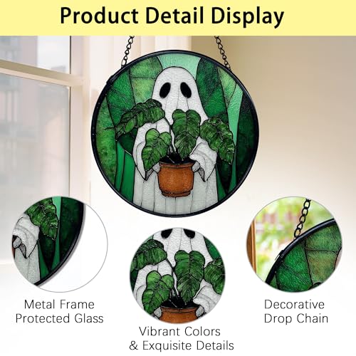 Halloween Ghost Stained Glass Sun Catcher - Indoor Window Wall Decor, 7.9 Inch