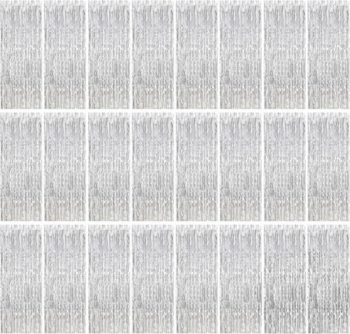 Silver Metallic Foil Fringe Curtains - 24 Pack, 3.2ft x 8.2ft, Decorative Party Backdrop