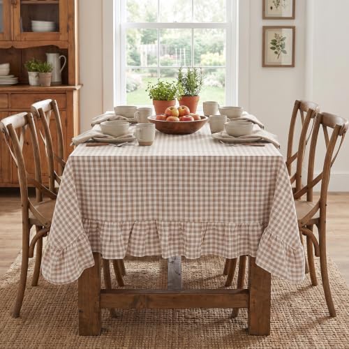 Taupe Gingham Ruffled Tablecloth 60 x 120 Inch - Rectangular Vintage Farmhouse