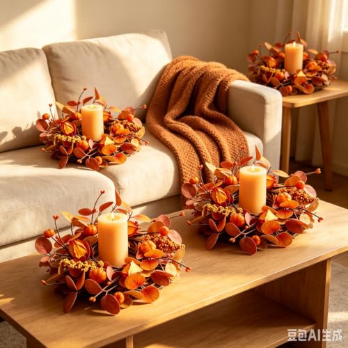 Mini Fall Pumpkin Candle Ring Wreaths - 4 Pcs Autumn Eucalyptus & Berries - Farmhouse Thanksgiving Decor