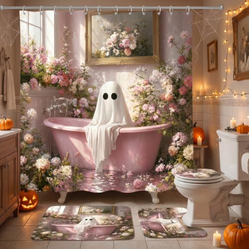 Pink Ghost Halloween Bathroom Shower Curtain and Rug Set - 4PCS Spooky Decor