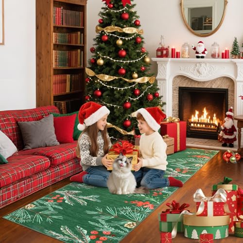 Pinecone-Green Christmas Botanical Rug Runner - Non-Slip Holiday Floor Mat 2' x 6'