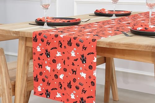 Halloween Table Runner 14x90 in Orange Black Cotton Haunted House Decor