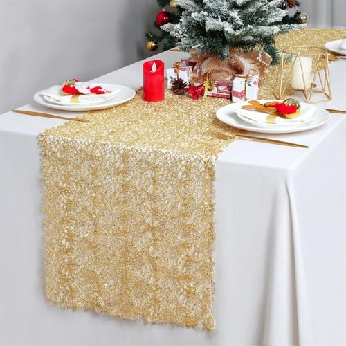 6 Pack Gold Sequin Mesh Table Runners 12x108 Inch for Wedding Party Christmas