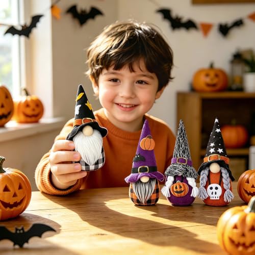 Halloween Gnome Decor Set - 4 Plush Hanging or Tabletop Gnomes for Fall & Holiday