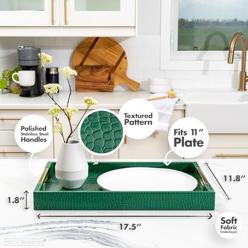 Elegant Rectangular Faux Leather Serving Tray with Gold Handles - Crocodile Green 17.5x12