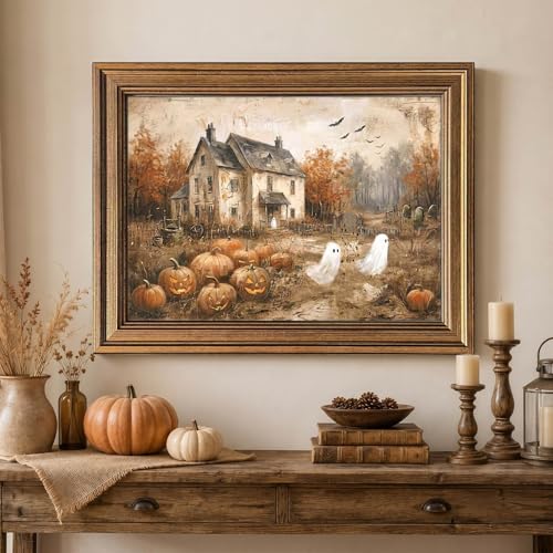 Halloween Wall Art - Haunted House & Pumpkin Canvas Print, 20" x 16" - Rustic Ghost & Autumn Decor - Variation Haunted House & Pumpkin