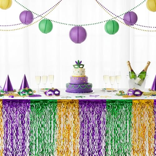 Metallic Tinsel Foil Fringe Table Skirts - 2 Pack, Purple Green Gold, Wavy Party Decor