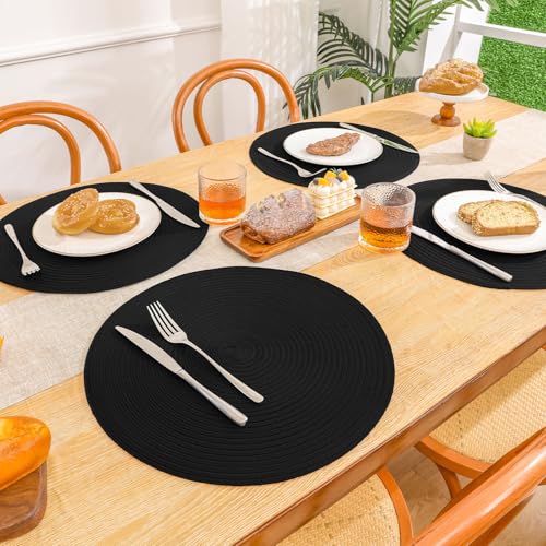 Black Round Placemats Set of 12 - Heavy Cotton Polyester Woven Table Mats