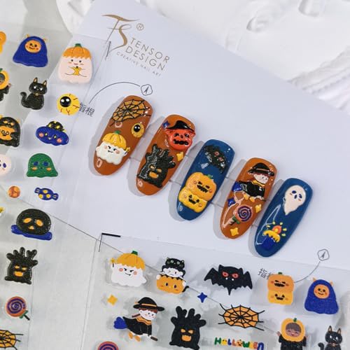 Halloween Nail Stickers - Spider Web, Pumpkin, Ghost, Cat Design - 5D Manicure Decals - Halloween