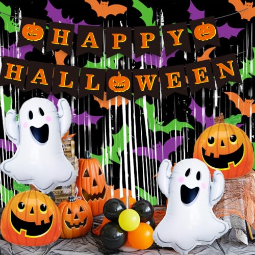 Halloween Banner with Ghost and Pumpkin Balloons - Party Decorations