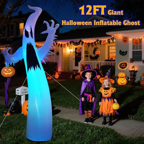 12FT Halloween Inflatable Ghost Decoration with RGB LED Lights for Garden & Yard