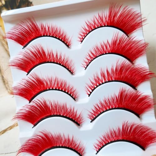 False Lashes Cat Eye Fluffy 5 Pairs - Red Color for Halloween & Parties