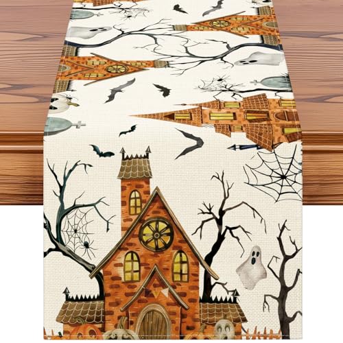 Artscope Halloween Table Runner - Orange Spooky Haunted House Tree Design, 13x36 Inches - Fall Home Decor