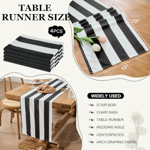 Black & White Striped Table Runner 13x72 Inch - Waterproof Farmhouse Decor - 4 Pack