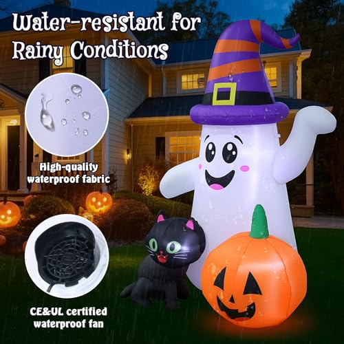 5 Ft Halloween Inflatable Ghost with Pumpkin and Black Cat – Indoor/Outdoor Decor with LED Light