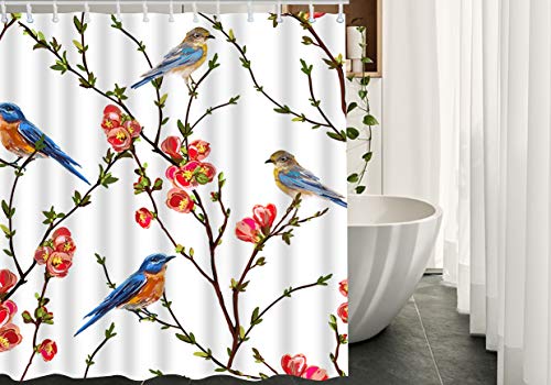Bird Shower Curtain Waterproof Polyester Fabric 72x72 Inch with Hooks - Blue Birds on Tree