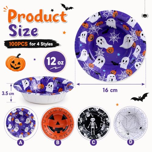 Halloween Mix Disposable Paper Bowls 12 oz Bulk Set for Parties, 100 Pack