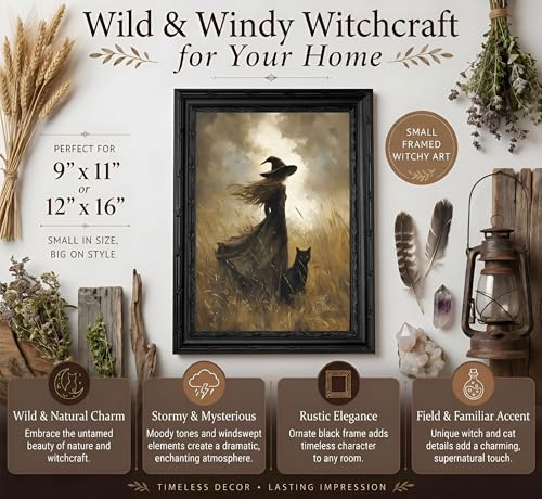 Halloween Witch and Black Cat Canvas Wall Art - 11x9 Inches, Framed, Spooky Home Decor
