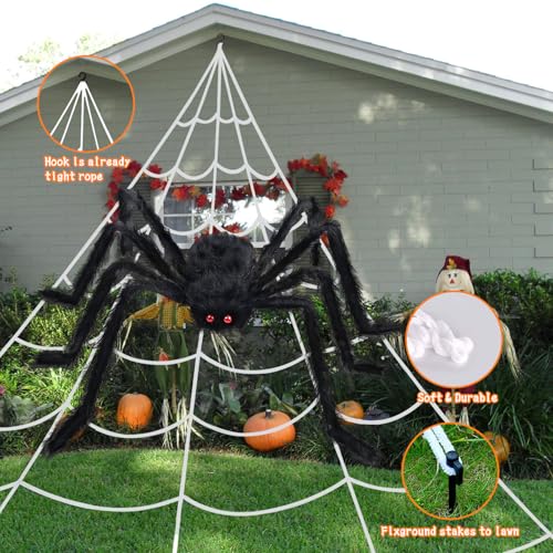 200-Inch Halloween Spider Web and 59-Inch Giant Fake Spider Decorations Outdoor Yard Indoor Party Decor
