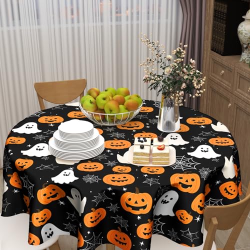 Halloween Round Tablecloth 60 Inch Pumpkin Ghost Spider Web Design - Black Orange