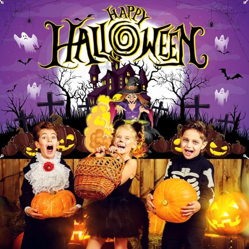 Purple Halloween Witch Banner - Large Spooky Backdrop with Potion Jars & Castle - Witch Variation