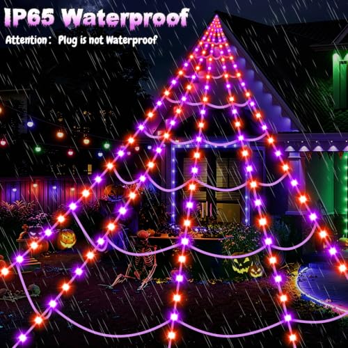 Halloween Outdoor Spider Web Lights with Spider & 8 Modes - Dark Purple & Orange Variation