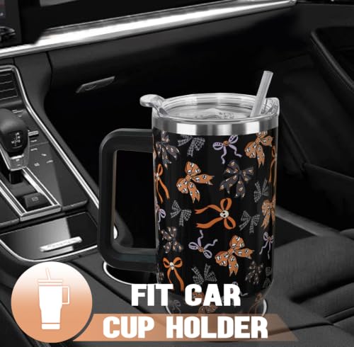Halloween 40oz Tumbler with Handle Goth Skull Bow Candy Corn Spiderweb Coffee Travel Mug - Black+Pink