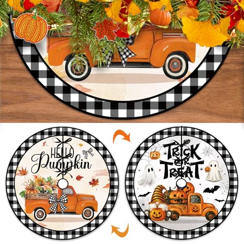 Autumn Halloween Reversible Tree Skirt 60 Inch - Fall and Pumpkin Ghost Design