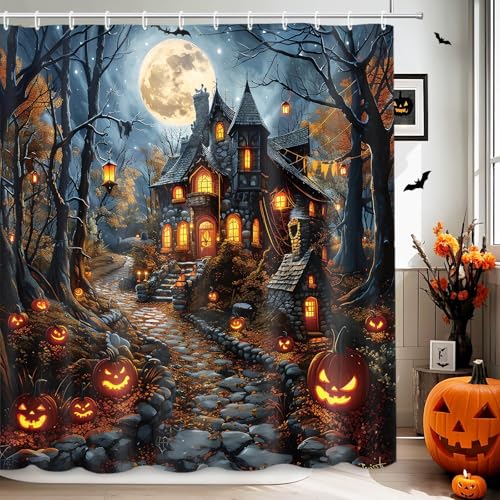 Halloween Evil Pumpkin Shower Curtain Black - Moon Night Bathroom Decor
