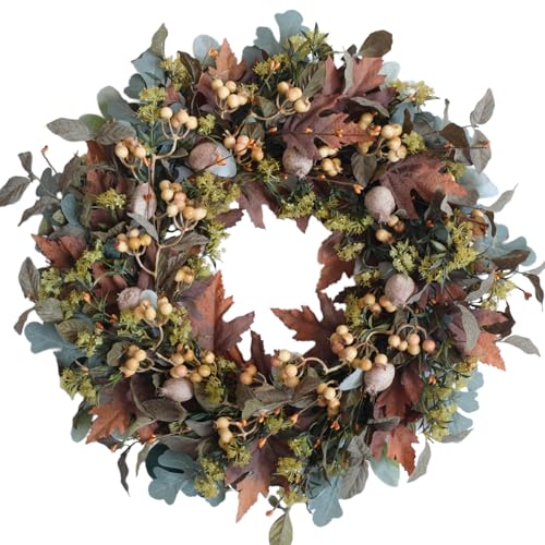 24-Inch Autumn Wreath with Maple Leaves and White Fruits for Fall Home Decor